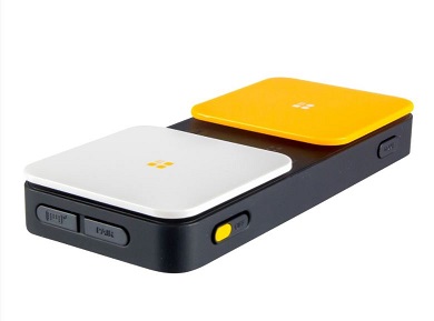 Picture of a switch with two buttons, one is white and the other is yellow.