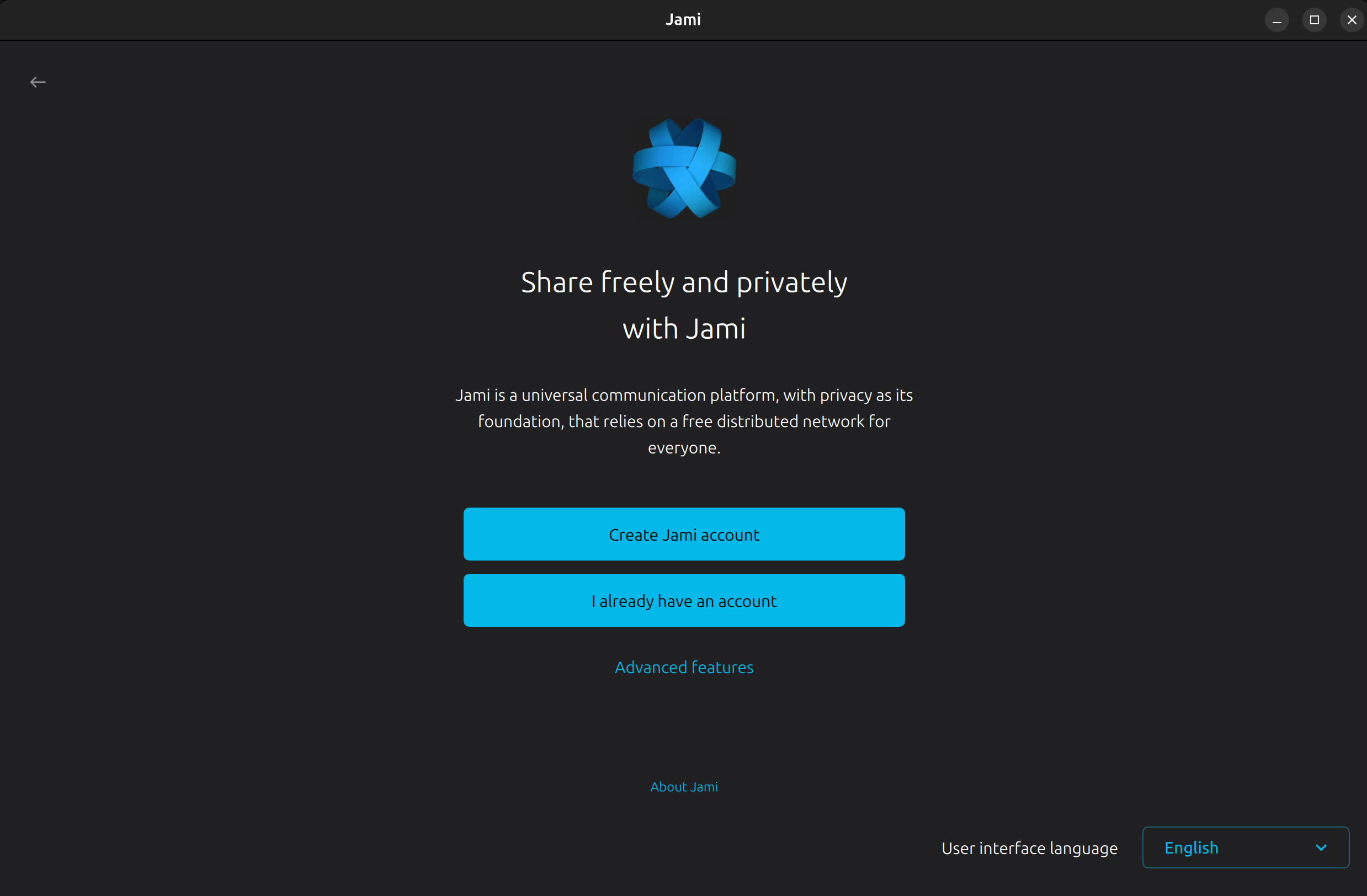 A screenshot of an account creation page with a Create Jami account button, a I already have an account button, an Advanced features button, an about Jami button, a user interface language combobox, a back arrow button and a logo.
