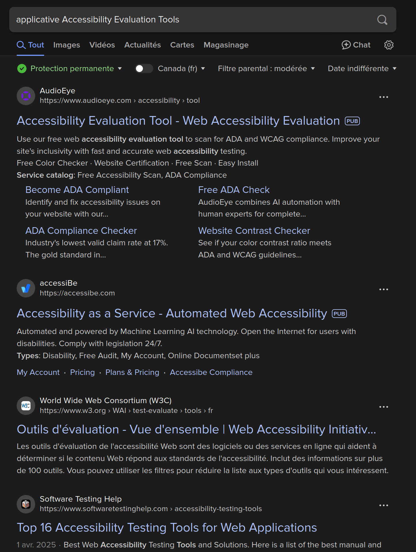 A Web search for 'Applicative accessibility evaluation tools' showing only result for web solutions