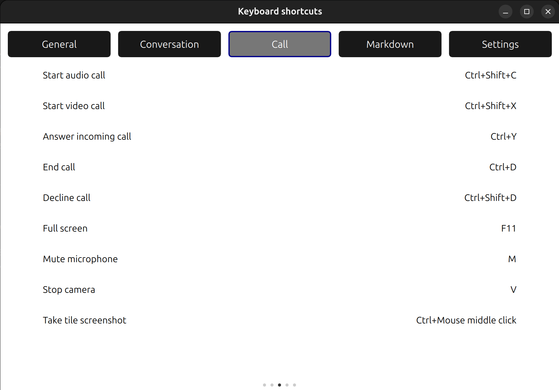 A screenshot of the Jami call shortcuts. For example: Ctrl+Shift+C launch a call.