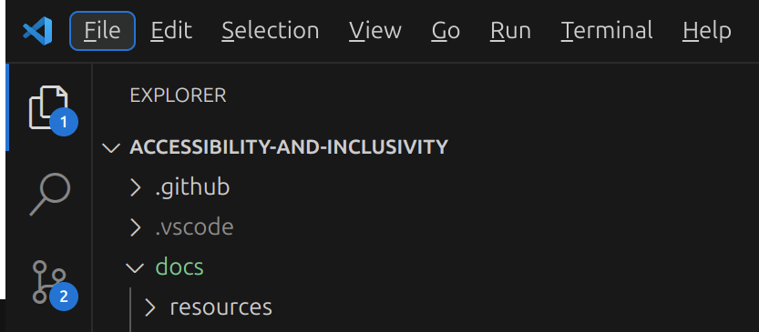 A screenshot of the VSCode application. The first item of the top bar "File" is highlighted with focus.