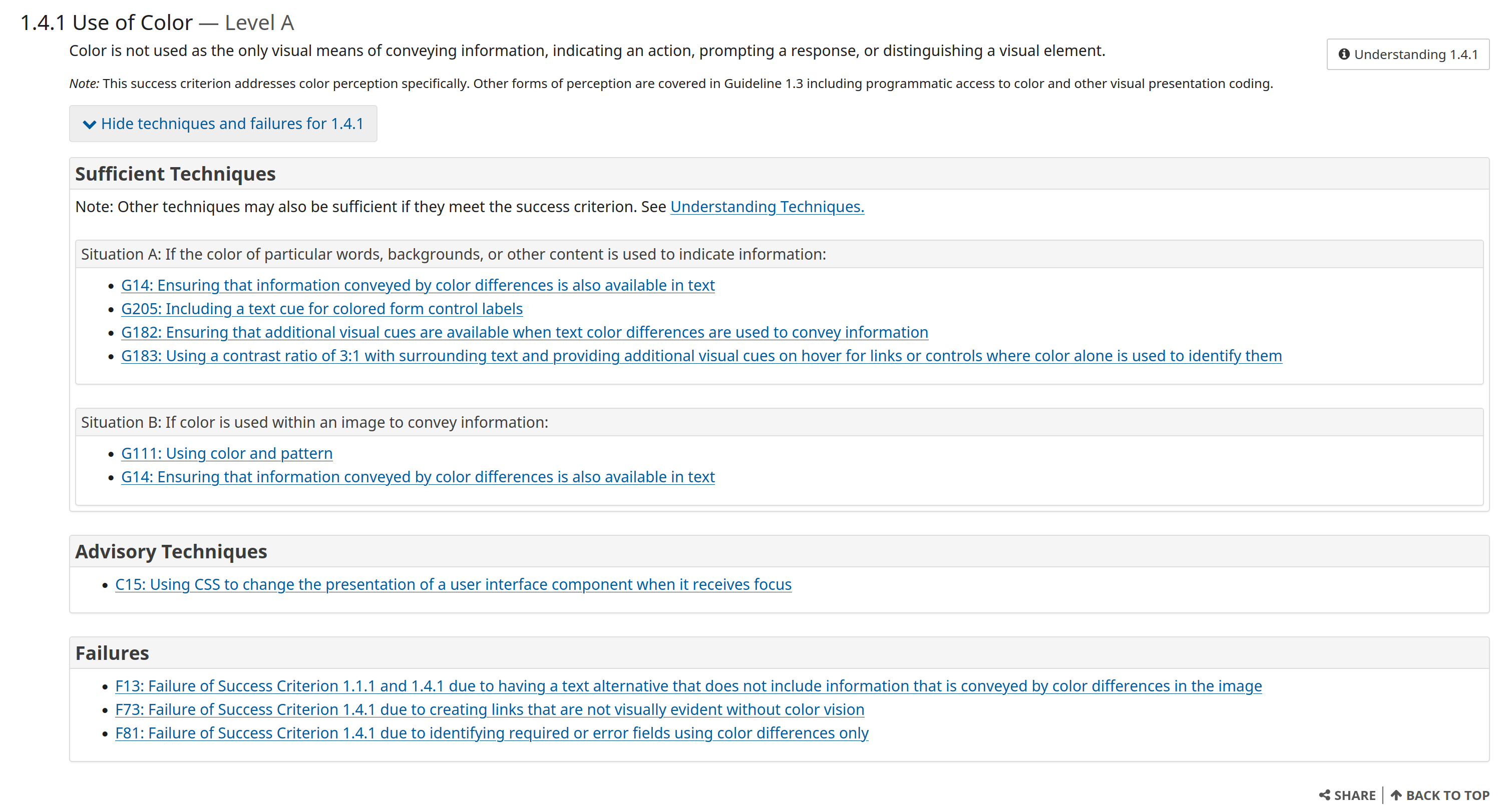 A screenshot of the "How to Meet WCAG (Quick Reference)" guide on the topic of use of color