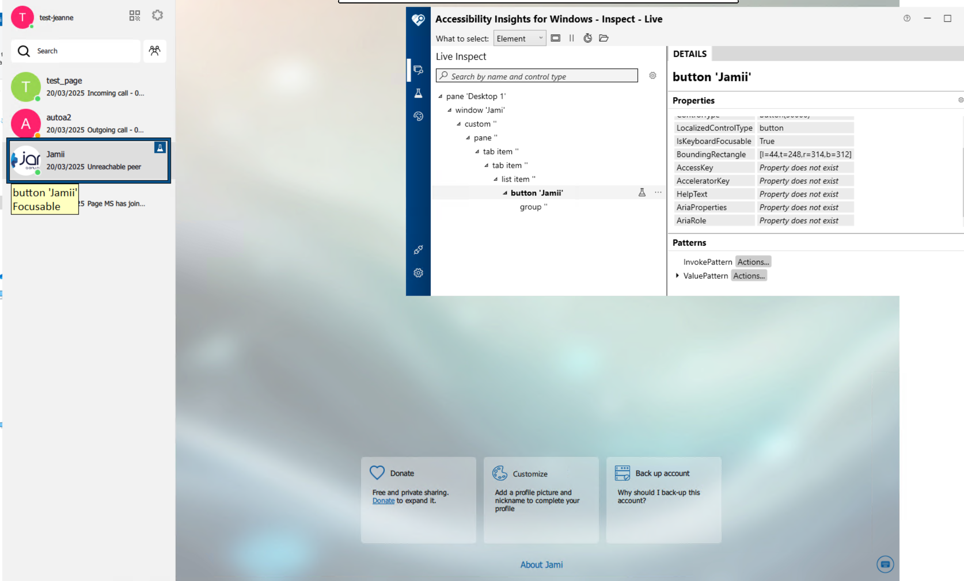 A screenshot of Accessible Insight for Windows. It shows the application and the object tree hierarchy of a button.