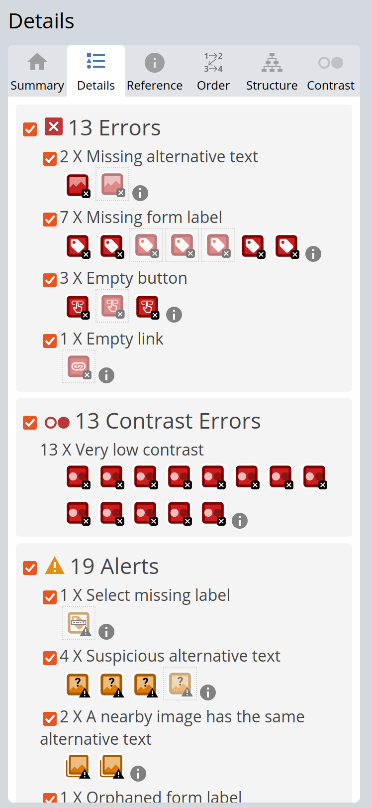 A screenshot of the wave accessibility tool showing detailed report about multiple errors on a webpage