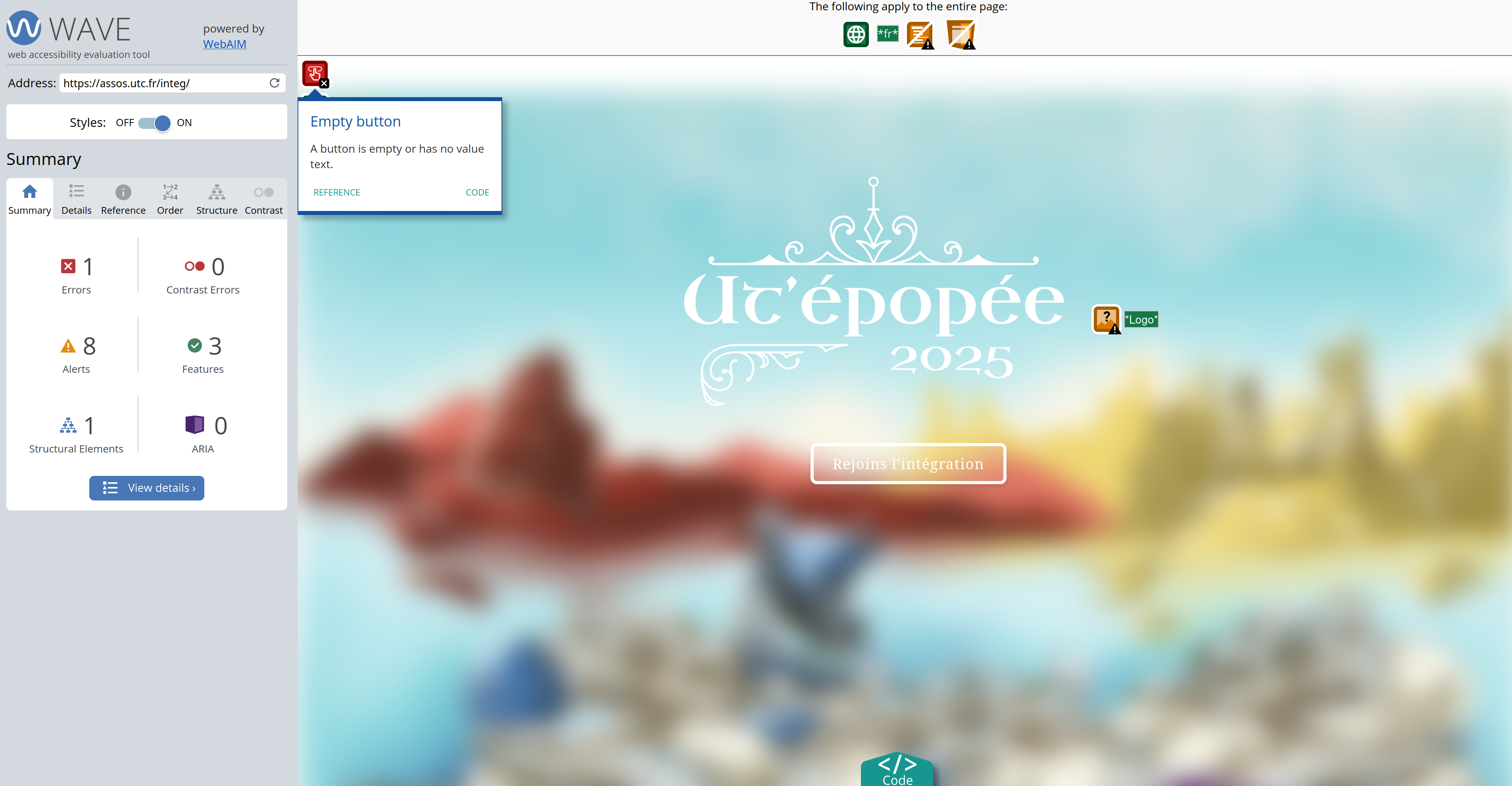 A screenshot of the wave accessibility tool on a main page of a website. It detected an empty button.