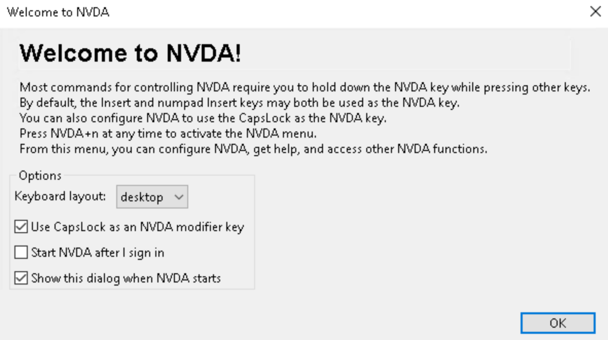 The welcome to NVDA popup appearing when launching the program.